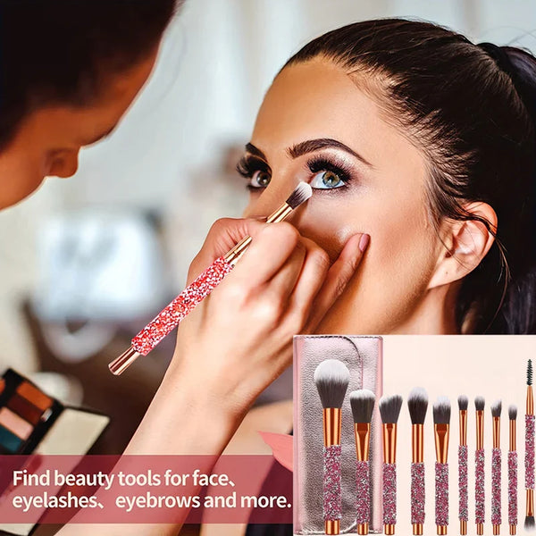 10Pcs Luxury Makeup Brush Set Diamond Rivet Handle Design Crystal Makeup Brush