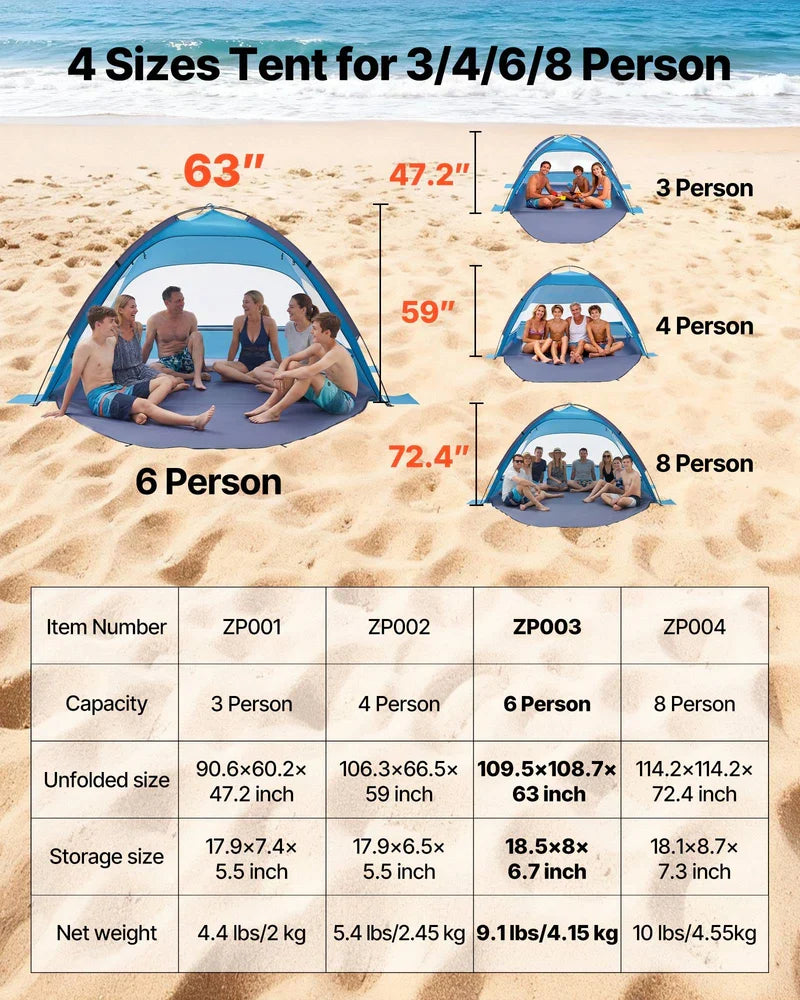 Beach Tent Sun Shelter For 6 Person, UPF 50+ Protection