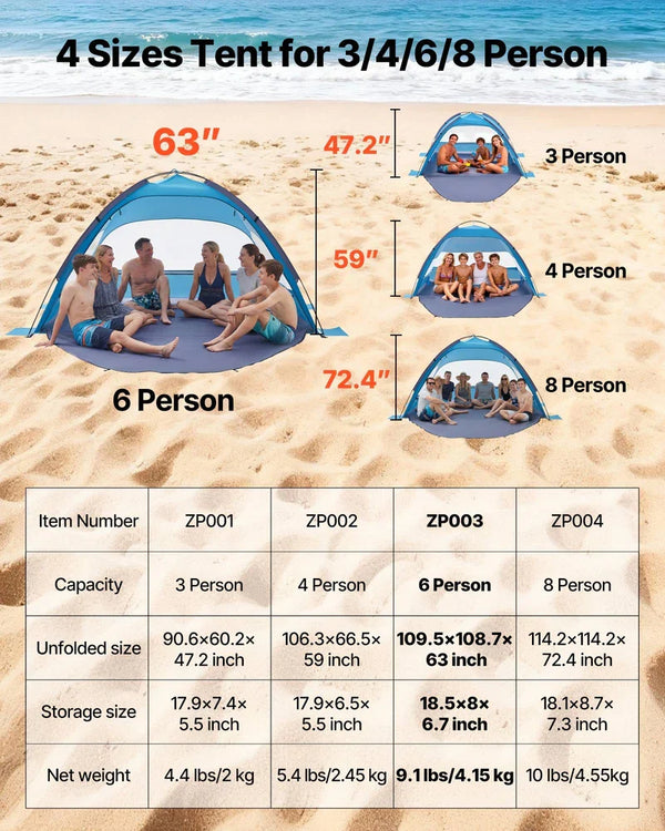 Beach Tent Sun Shelter For 6 Person, UPF 50+ Protection