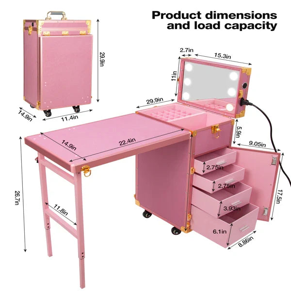 Portable Nail Table, Rolling Manicure Table W/3 Color Light And Speaker
