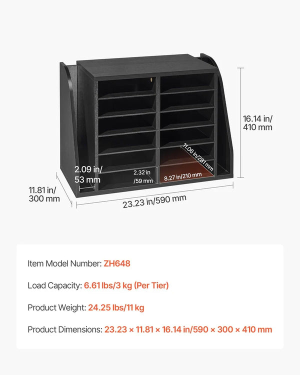 Literature Organizer, 12 Compartments Office Mailbox With Side Vertical Storage, Wooden Mailbox Sorter Made Of Particle Board, Countertop Office Home Organizer For File, Document, Paper, Black
