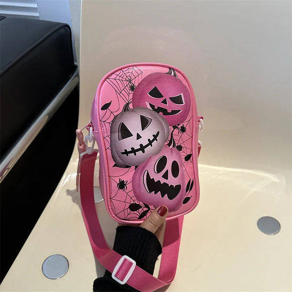 Halloween Graffiti Phone Bag Girls Funny Cartoon Pumpkin Ghost Bat Print Crossbody Bag For Women Mini Personality Creative Shoulder Bags