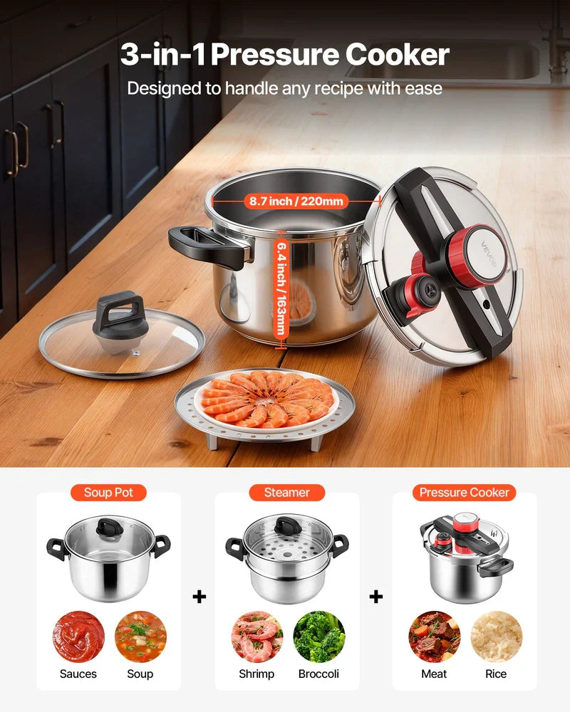 Pressure Cooker, 6.3Qt Pressure Cooker Stainless Steel, Pressures Canner With Steaming Rack, Tempered Glass Lid, Three Pressures Settings For Meat, Beans, Rice, Soup, Sauces, Cook Up To 100 KPa