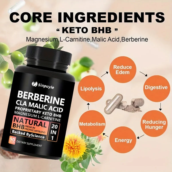 Berberine 20 In 1 Keto BHB Supplement - CLA, Malic Acid & L-Carnitine For Metabolism & Energy Support, 90 Capsules