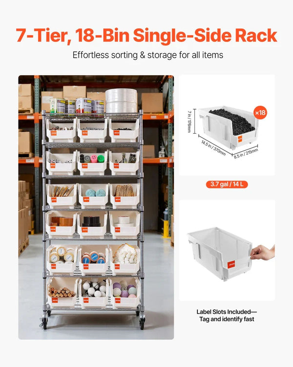 7-Tier Rolling Bin Storage Rack, 18 Organizer Bins, Bin Rack Storage Steel Wire Shelving System With Wheels, Mobile Tool Organizer For Garage, Warehouse, Office, Restaurant, Classroom, Kitchen