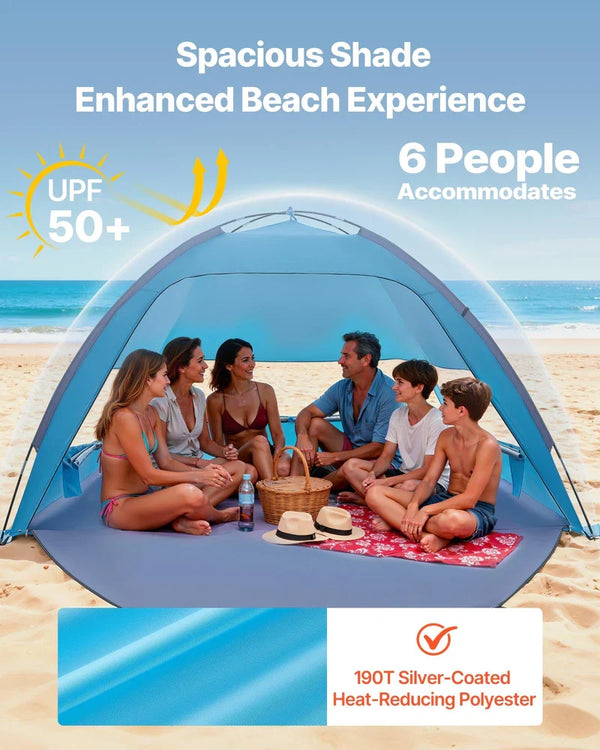 Beach Tent Sun Shelter For 6 Person, UPF 50+ Protection