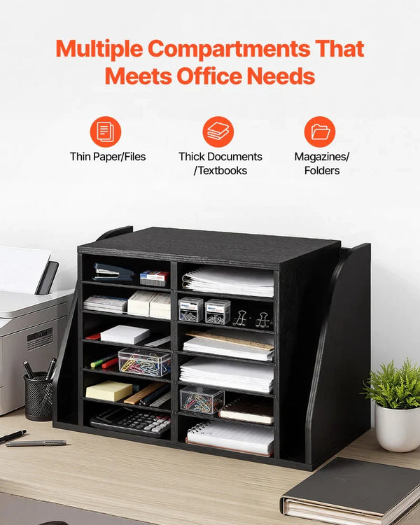 Literature Organizer, 12 Compartments Office Mailbox With Side Vertical Storage, Wooden Mailbox Sorter Made Of Particle Board, Countertop Office Home Organizer For File, Document, Paper, Black