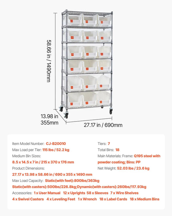 7-Tier Rolling Bin Storage Rack, 18 Organizer Bins, Bin Rack Storage Steel Wire Shelving System With Wheels, Mobile Tool Organizer For Garage, Warehouse, Office, Restaurant, Classroom, Kitchen