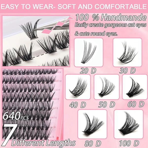 Lash Clusters, 640 Pcs Eyelashes Cluster Extensions 9-16mm Fluffy Individual Lashes 30D-60D D Curl False Eyelashes