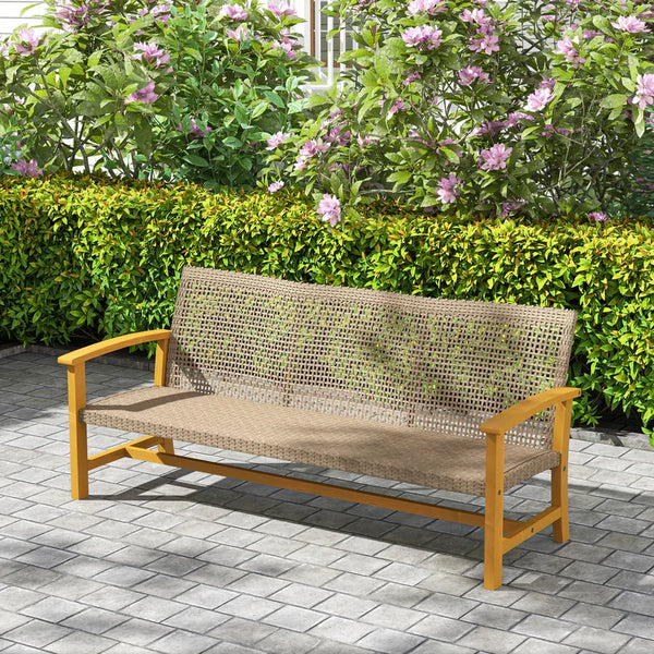3-Seat Wicker Outdoor Couch Patio Sofa, Acacia Wood Patio Furniture with Steel Seat Armrests, 1000 LBS Capacity, Teak