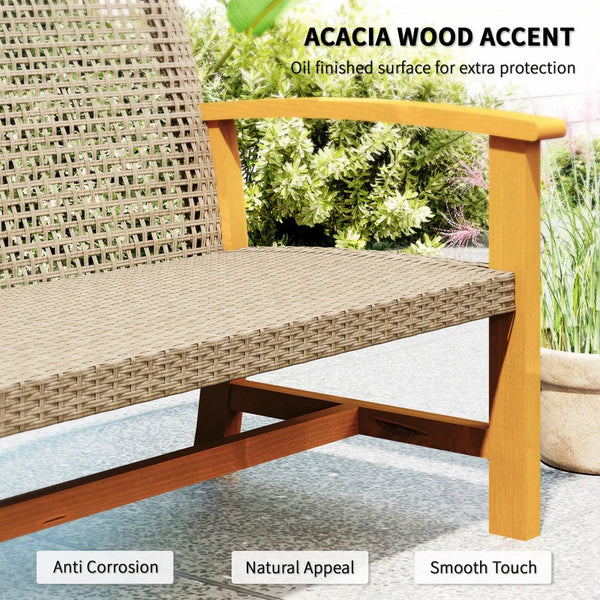 3-Seat Wicker Outdoor Couch Patio Sofa, Acacia Wood Patio Furniture with Steel Seat Armrests, 1000 LBS Capacity, Teak
